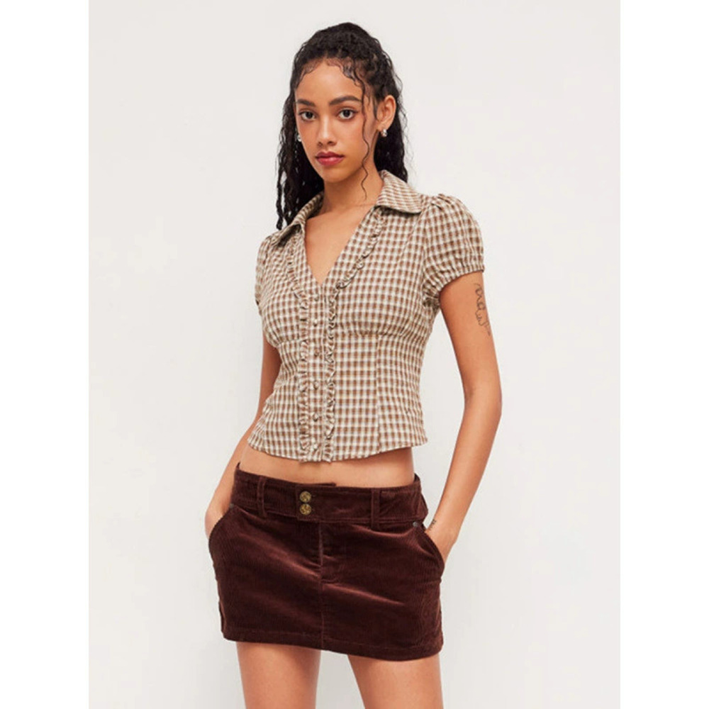ZARA Womens Summer Retro Coffee Plaid Ruffle Trim Lapel Tie Blouse